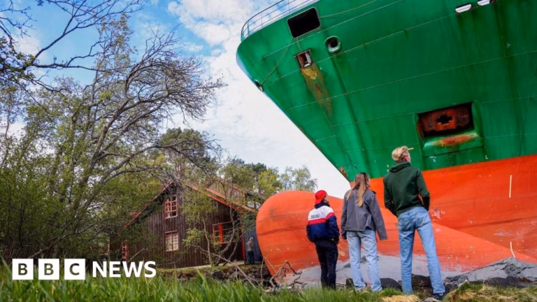 Norwegian Resident awakens to Discover Massive Shipping Vessel in Backyard