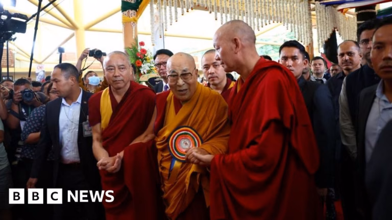 Tens of thousands gather to commemorate the summit of the exiled Tibetan leader’s 90th birthday