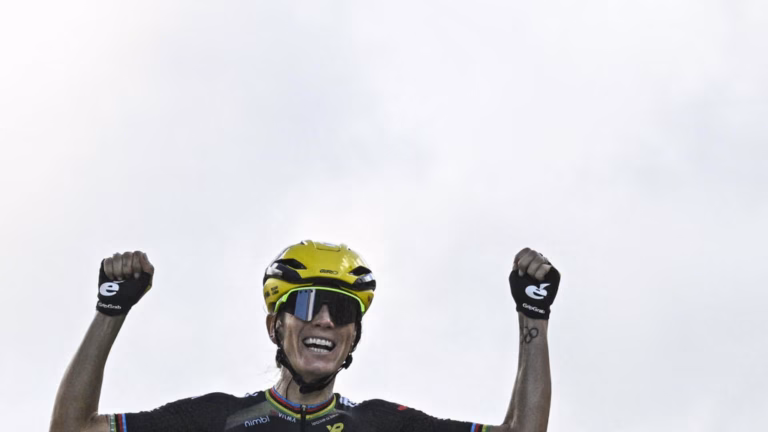 Following her victory on Stage 8, Pauline Ferrand-Prévôt of France celebrated her success by wearing the iconic yellow jersey at the prestigious Tour de France.