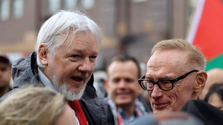 Julian Assange takes part in a pro-Palestinian demonstration on the Sydney Harbour Bridge.