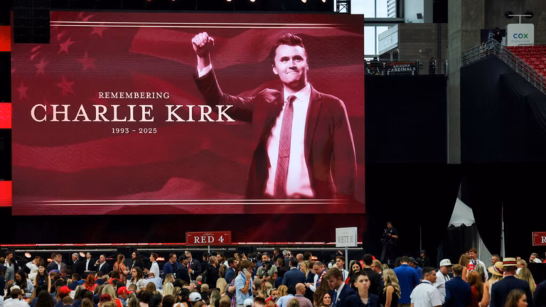 Trump honors Charlie Kirk as a famed patriot during a tribute event.